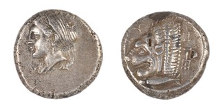 Kyzikos, Mysia, c. 390-330 BC, 24mm, silver Tetradrachm, Obv: Head of Persephone wreathed with corn and wearing a veil wound round her head / Rev: Lion's head to left with fish below (chop marks). F. 	