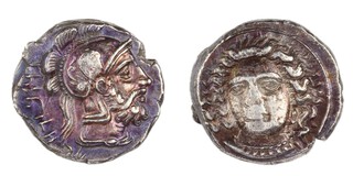 Tarsus, Cilicia, Datames, c. 380-325 BC, 20mm, silver Stater, Obv: Head of nymph facing slightly inclined to left / Rev: Head of bearded male in crested helmet right. S.5640, aVF. 