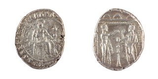 Cilicia, Satrap Datames, c. 378-362 BC, 24mm, silver Stater, Obv: Baal of Tarsus seted, holding sceptre and bunch of grapes / Rev: Naked sky God, Ana pointing to Satrap Datames who stands, left, with right arm raised, surrounded by shrine. S.5646, F. 