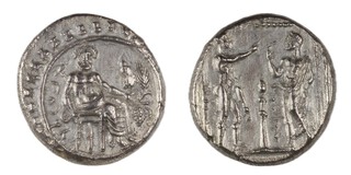 Tarsos, Cilicia, Satrap Datames, c. 378-362 BC, 22mm, silver Stater, Obv: Baal enthroned, 3/4 right, holding eagle tipped sceptre, head of grain and bunch of grapes / Rev: Datames and Ana stand face to face in temple. S.5646, aVF. 