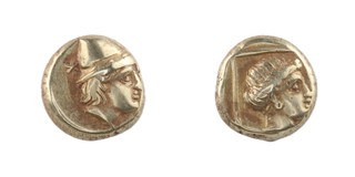 Mytilene, Lesbos, c. 377-326 BC, 10mm, elektrum Hekte, Obv: Head of Kabeiros wearing wreathed conical hat / Rev: Head of Persephone in linear square. VF. 	