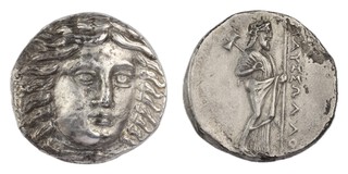 Caria, 377-352 BC, 24mm, silver Tetradrachm, Obv: Helios, three-quarter facing / Rev: Zeus, walking right, carrying spear and double-headed axe. VF. 	