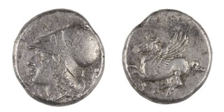 Corinth, c. 375-300 BC, 21mm, silver Stater, Obv: Head of Athena wearing Corinthian helmet / Rev: Pegasus flying left. S. 1867, VF. 