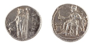 Nagidos, Cilicia, c. 374-356 BC, 23mm, silver Stater, Obv: Aphrodite on throne, altar at her feet, Eros standing behind her / Rev: Dionysos standing left, holding grape cluster and thyrsus. S.5578, VF. 