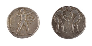 Aspendos, Pamphyllia, c. 370-330 BC, 23mm, silver Stater, Obv: Two naked wrestlers / Rev: Slinger standing right, triskeles running left. S.5387, F. 