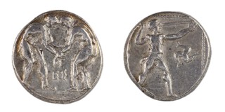 Aspendos, Pamphylia, c. 370-330 BC, 21mm, silver Stater, Obv: Two naked wrestlers grappling / Rev: Slinger to right about to sling, triskele in right field. S.5386/7, F. 	