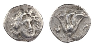 Caria, Rhodes, c. 370-304 BC, 20mm, silver Didrachm, Obv: 3/4 facing head of Helios / Rev: Rose, bud to right, amphora to left. S.5037, F. 