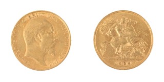 United Kingdom, Edward VII 1908 gold Half Sovereign, 19mm, 4.0g. Obv: Bare-headed bust of Edward, right / Rev: St. George on horseback slaying the dragon, right. S.3974A, 