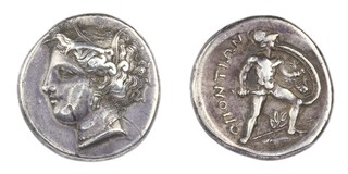 Lokris, Opuntia, c. 369-338 BC, 24mm, silver Stater, Obv: Head of Persephone wreathed with corn (scratches) / Rev: Naked Ajax advancing right, brandishing a sword and shield, shield decorated with griffin and palmette. S.2326, F. 	