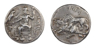 Tarsus, Cilicia, c. 361-334 BC, 22mm, silver Stater, Obv: Baal of Tarsus on throne left holding eagle, wheat ear and bunch of grapes in right hand, sceptre in left hand / Rev: Lion attacking horned bull. S.5650, F. 