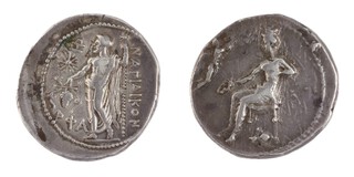 Cilicia, Nagidos, c. 360-330 BC, 24mm, silver Stater, Obv: Aphrodite enthroned left, holding patera, mouse below and Eros flying right to crown her / Rev: Dionysos standing left holding grapes and thyrsus. S.5579, F. 	