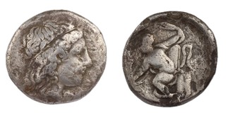 Kroton, Italy, c. 360-330 BC, 20mm, silver Stater, Obv: Laureate head of Apollo facing, right / Rev: Naked infant Herakles seated on a bed strangling two large coiled serpents. S.475, F. 