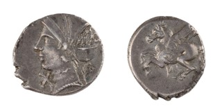 Corinth, c. 360-330 BC, 16mm, silver Drachm, Obv: Pegasus flying, left / Rev: Head of Aphrodite facing, left. S.2634, aVF. 