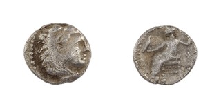 Macedon, Alexander the Great, 356-323 BC, 9mm, silver Obol, Obv: Head of Herakles right, wearing Nemean lion skin/ Rev: Zeus Aetophoros seated left holding sceptre in left hand, eagle in right, S.6736, F. 