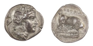 Thurium, Lucania, c. 350-300 BC, 23mm, silver Stater, Obv: Head of Athena, right, wearing crested helmet decorated with Scylla motif / Rev: Bull charging right, fish below. 	