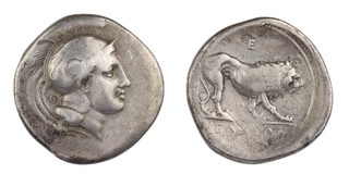 Velia, Italy, c. 350-281 BC, 24mm, silver Didrachm, Obv: Head of Athena wearing crested Athenian helmet / Rev: Lion walking to right. F. 