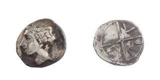 Gaul, Massalia, c. 350-150 BC, 10mm, silver Obol, Obv: Youthful head of Apollo left / Rev: Wheel with 4 spokes, 'M-A' within two quarters. S.72, F. 