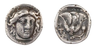 Caria, Megiste (80 miles east of Rhodes), c. 350 BC, 17mm, silver Drachm, Obv: Head of sun god Helios, quarter facing to right / Rev: Rose with bud in incuse square. S.5021, F. 