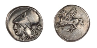 Corinth, c. 350 BC, 20mm, silver Stater, Obv: Head of Athena wearing Corinthian helmet, sol behind head / Rev: Pegasus flying left. S.1867, aVF. 	