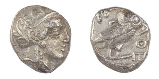 Attica, Athens, c. 350 BC, 23mm, silver Tetradrachm, Obv: Head of Athena wearing crested and ornamented helmet / Rev: Owl standing, right, head facing. S.1837/9, F. 