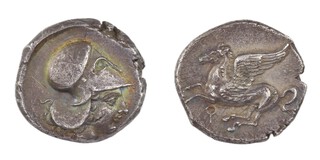 Corinth, c. 345-307 BC, 21mm, silver Stater, Obv: Head of Athena facing, right, wearing Corinthian helmet / Rev: Pegasus flying left. S.1867, F. 