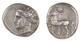 Carthage, Siculo-Punic, c. 340-320 BC, 24mm, silver Tetradrachm, Obv: Head of Kore wreathed in corn, left, with necklace and earing / Rev: Horse pacing to left, palm tree behind. S.6429, F. 