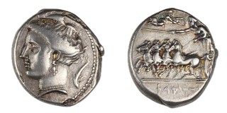 Syracuse, Siculo-Punic, 425-413 BC, 26mm, silver Tetradrachm, Obv: Galloping quadriga driven by charioteer, crowned by Nike flying, right / Rev: Head of Artemis-Arethusa, left, hair clamped and rolled, dolphins around. S.934, F. 