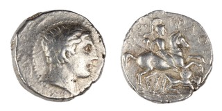 Patraus, Paeonia (Patraos), c. 340-315 BC, 25mm, silver Tetradrachm, Obv: Laureate head of Apollo right / Rev: Horseman spearing fallen warrior. S.1520, F. 