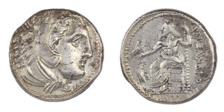 Kingdom of Macedon, 336-323 BC, 25mm, silver Tetradrachm, Obv: Head of Alexander wearing lion skin / Rev: Zeus seated, holding eagle and sceptre. S.6721, aVF. 