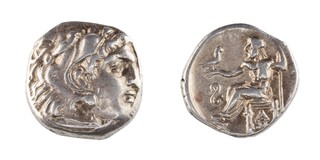 Macedon, Alexander the Great, 336-323 BC, 16mm, silver Drachm, Obv: Alexander wearing lion skin / Rev: Zeus seated, holding eagle and sceptre. S.6713, F. 	