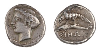 Paphlagonia, Sinope, c. 325-300 BC, 18mm, silver Drachm, Obv: Head of Nymph, left / Rev: Eagle left, holding a dolphin in its talons. S.3690/9, F. 	