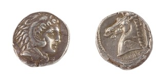 Carthage, Siculo-Punic, c. 325-200 BC, 25mm, silver Tetradrachm, Obv: Head of Herakles right, wearing lionskin / Rev: Head and neck of horse, left, palm tree behind, right. S.6436, F. 