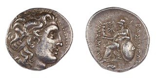 Thrace, Lysimachos, c. 323-281 BC, 29mm, silver Tetradrachm, Obv: Diademed head of the deified Alexander the Great wearing the horn of Ammon / Rev: Athena enthroned holding Nike and spear, resting left arm on a shield. S.6814, VF