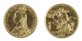 United Kingdom, Victoria 1887 gold two Pounds, 29mm, 16.0g. Obv: Jubilee bust of Victoria, left / Rev: St George on horseback slaying the dragon, right. S.3865 	
