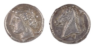 Sicily, Siculo-Punic, c. 320-310 BC, 23mm, silver Tetradrachm, Obv: Head of Tanit, facing left, surrounded by dolphins / Rev: Horse head, facing left, palm tree behind. VF. 	