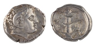 Cyrene, c. 308-277 BC, 22mm, silver Didrachm, Obv: Head of Zeus(?) Carneios right / Rev: Silphion plant. S.6259, F. 