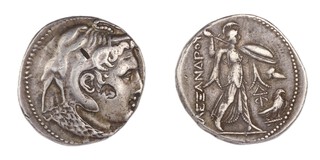 Egypt, Ptolemy I, c. 305-282 BC, 29mm, silver Tetradrachm, Obv: Head of Alexander the Great wearing elephant skin headdress (chop marks) / Rev: Athena advancing right, holding spear and shield, eagle and helmet to right. S.7747, F. 