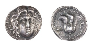 Rhodes, Caria, c. 304-166 BC, 26mm, silver Tetradrachm, Obv: Radiate head of Helios, 3/4 facing towards right, with hair floating loosely / Rev: Rose with bud, bow of galley, left. online, F. 