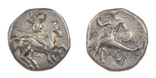 Calaria, Tarentum, c. 302-290 BC, 20mm, silver Nomos, Obv: Warrior on horseback right, holding spears and shield / Rev: Phalanthos riding dolphin left holding trident and shield, murex shell below. S.345, F. 