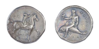 Taras, Calabria, Italy, c. 302-281 BC, 21mm, silver Didrachm, Obv: Youth on horseback, raising right hand / Rev: Taras on dolphin holding tripod altar. S.337, F. 		