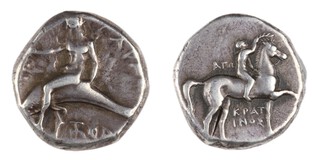 Calabria, Tarentum, c. 302-280 BC, 20mm, silver Nomos, Obv: Magistrates Kratinos and XOP, youth crowning horse with wreath, right / Rev: Taras riding dolphin, left. F. 	