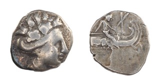 Euboia, Histiaia, c. 300-200 BC, 13mm, silver Tetrobol, Obv: Wreathed head of the Nymph Histiaia right / Rev: Figure seated right, on stern of galley. S.2496, F. 	