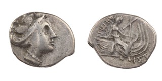 Euboia, Histiaia, c. 300-200 BC, 14mm, silver Tetrobol, Obv: Wreathed head of the Nymph Histiaia right / Rev: Figure seated right, on stern of galley. S.2496, F. 