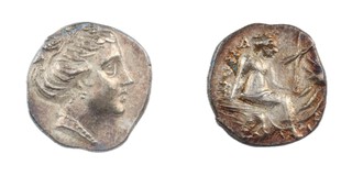 Euboia, Histiaia, 320 BC, 13mm, silver Tetrobol, Obv: Head of nymph Histiaea right / Rev: Nymph seated, right, on stern of galley. S.2496, VF. 