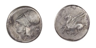 Corinth, after 480BC, 19mm, silver Stater, Obv: Pegasus flying left / Rev: Head of Athena wearing Corinthian helmet. S.1868, F. 