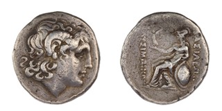 Lysimachos, Thrace, c. 300 BC, 28mm, silver Tetradrachm, Obv: Head of Alexander the Great, diademed and wearing the horn of Ammon, facing right / Rev: Athena enthroned left, holding Nike and spear, and leaning on a shield. S.1589, F. 	