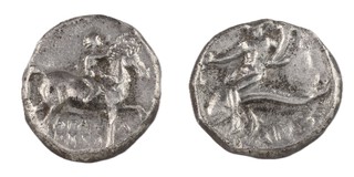 Tarentum, Calabria, c. 300 BC, 19mm, silver Didrachm, Obv: Naked youth riding, right / Rev: Dolphin with rider, facing left, holding out one arm and embracing a spindle in the other. S.337, F. 