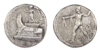 Macedon, Demetrios Poliorketes, c. 294-288 BC, 27mm, silver Tetradrachm, Obv: Nike standing, to left prow of galley / Rev: Naked Poseidon striding left, brandishing trident, chlamys draped over outstretched left arm. S.6762, F. 	