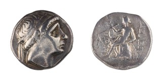 Seleucid Empire, Antiochos I, 280-261 BC, 17mm, silver Drachm, Obv: Diademed bust left / Rev: Apollo seated on omphalos, left, holding arrow in right hand. S.6872, F. 	