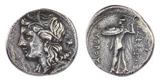 Syracuse, Sicily, Pyrrhus, c. 278-276 BC, 21mm, silver Octobol, Obv: Head of Persephone wreathed with corn / Rev: Athena Alkidemos standing left brandishing spear and holding shield. S.982, aVF. 